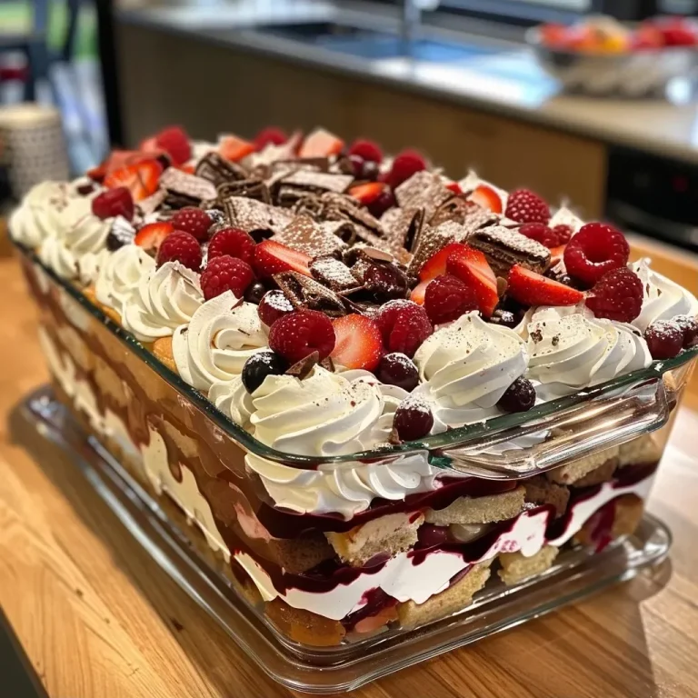 ['A close-up view of a colorful trifle displayed in a tray, showcasing layers of berries and cream.', 'Side view of a delectable trifle in a tray, with vibrant layers of jelly, strawberries, and whipped cream.', 'A beautifully arranged trifle in a tray, highlighting mixed berries and cake layers topped with cream.', 'A tempting trifle in a tray featuring colorful layers of jelly, cake, and fresh strawberries.']