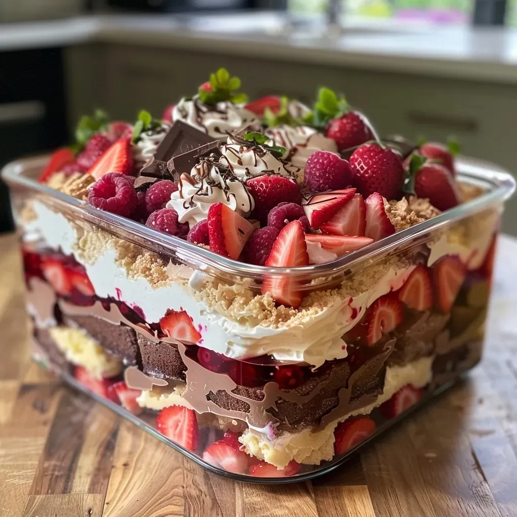 A close-up view of a colorful trifle displayed in a tray, showcasing layers of berries and cream.