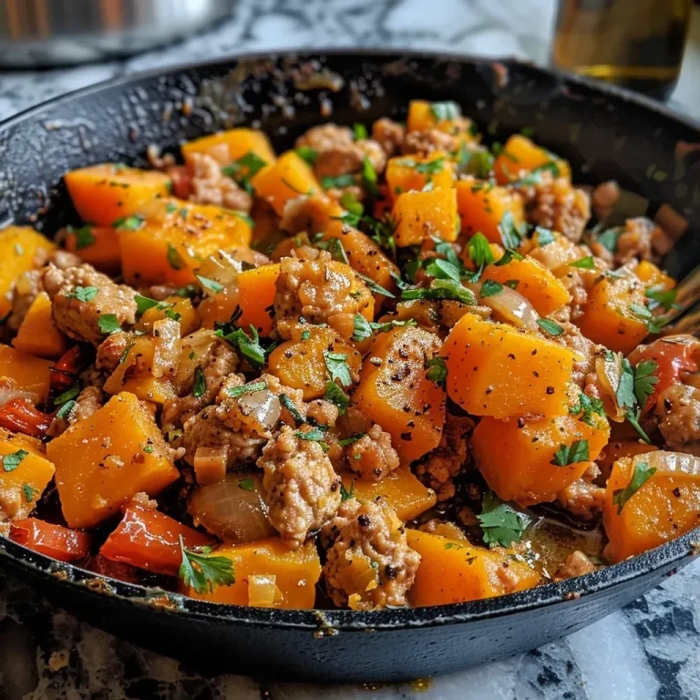 ['Close-up of a colorful Turkey Butternut Squash Skillet with melted cheese.', 'Savory Turkey Butternut Squash Skillet featuring ground turkey and vegetables.', 'Juicy Turkey Butternut Squash dish, highlighting the vibrant ingredients.', 'Side view of Turkey Butternut Squash Skillet with fresh herbs on top.']