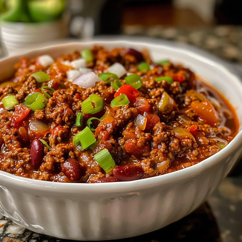 ["Close-up view of a bowl of Kickin' Hot Chili with visible beans and ground beef.", "Juicy Kickin' Hot Chili in a bowl, showcasing colorful ingredients like bell peppers and tomatoes.", "Side view of delicious Kickin' Hot Chili, emphasizing the hearty texture and vibrant colors.", 'Close-up image of a steaming bowl of chili featuring ground meat and beans.']