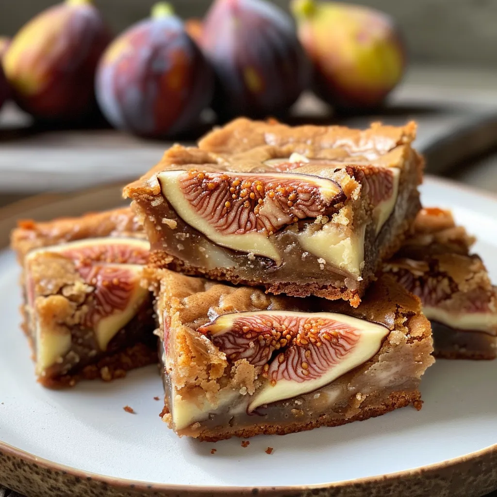 ['Close-up of fudgy blondies with ripe fig slices on a wooden surface.', 'Side view of moist blondies topped with quartered figs, showing rich texture.', 'Delicious-looking blondies featuring fig pieces, captured on an iPhone.', 'Tasty fig blondies with a glossy finish displayed on a rustic table.']
