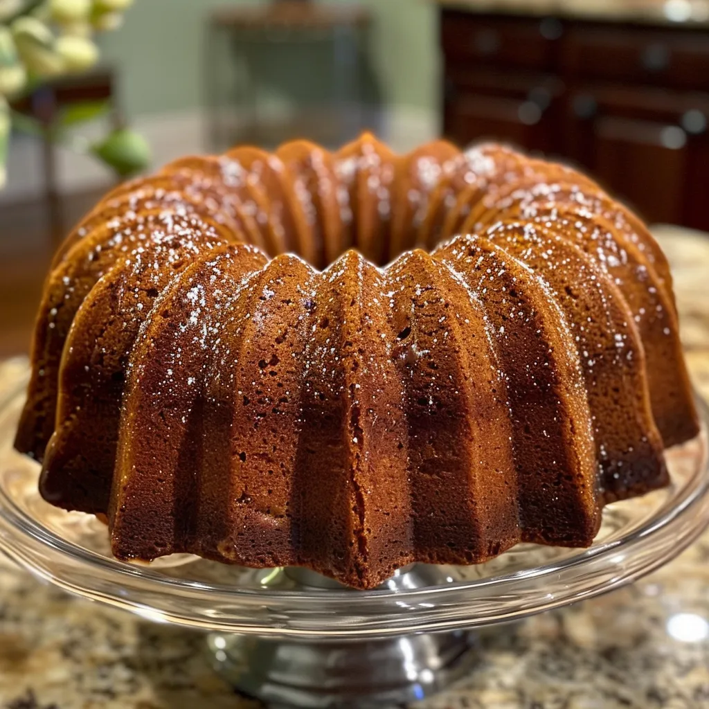 Close-up side view of a spiced molasses Bundt cake, showcasing its rich texture and glossy glaze.