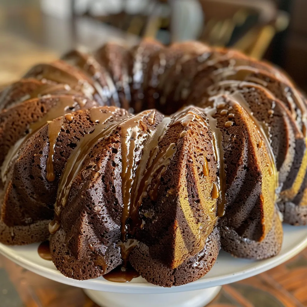 Close-up side view of a spiced molasses Bundt cake, showcasing its rich texture and glossy glaze.
