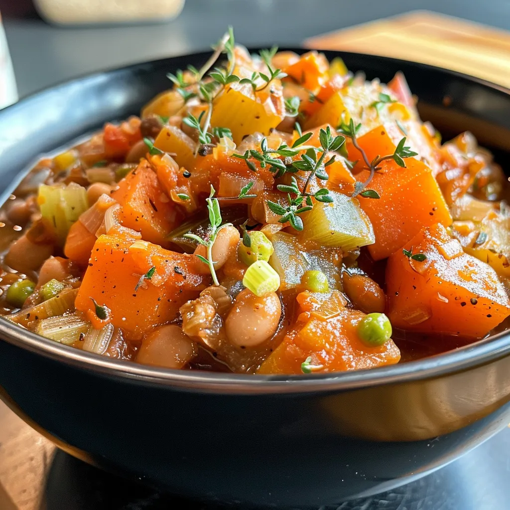 ['A close-up side view of a hearty vegan sweet potato stew in a bowl, showcasing vibrant vegetables.', 'A colorful vegan sweet potato stew filled with chunks of sweet potatoes, beans, and herbs in a rustic bowl.', 'A detailed shot of rich, hearty stew featuring orange sweet potatoes and white beans garnished with fresh thyme.', 'A vibrant vegan stew served in a bowl, highlighting the ingredients with a focus on texture and color.']