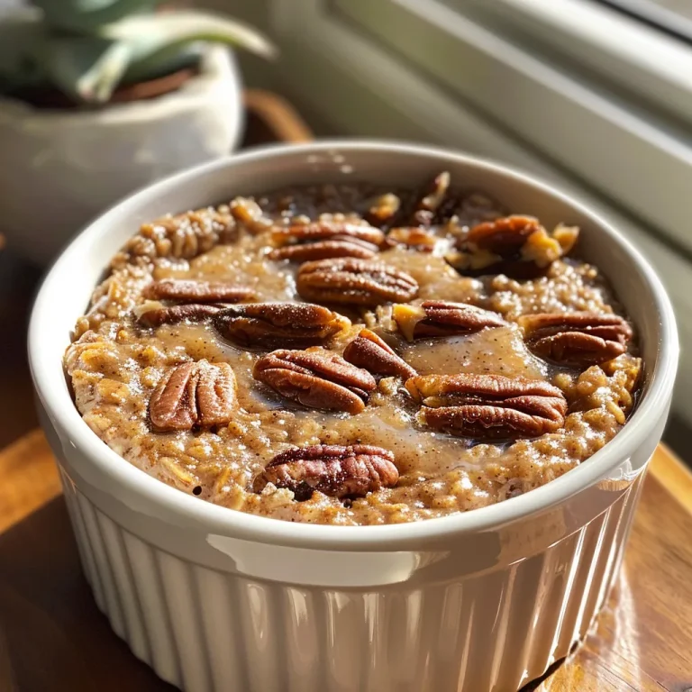 ['Close-up side view of Pecan Pie Baked Oatmeal in a ramekin.', 'Appetizing slice of Pecan Pie Baked Oatmeal topped with pecans.', 'Rich Pecan Pie Baked Oatmeal in a greased ramekin, ready to serve.', 'Delicious serving of Pecan Pie Baked Oatmeal with cinnamon and maple syrup.']