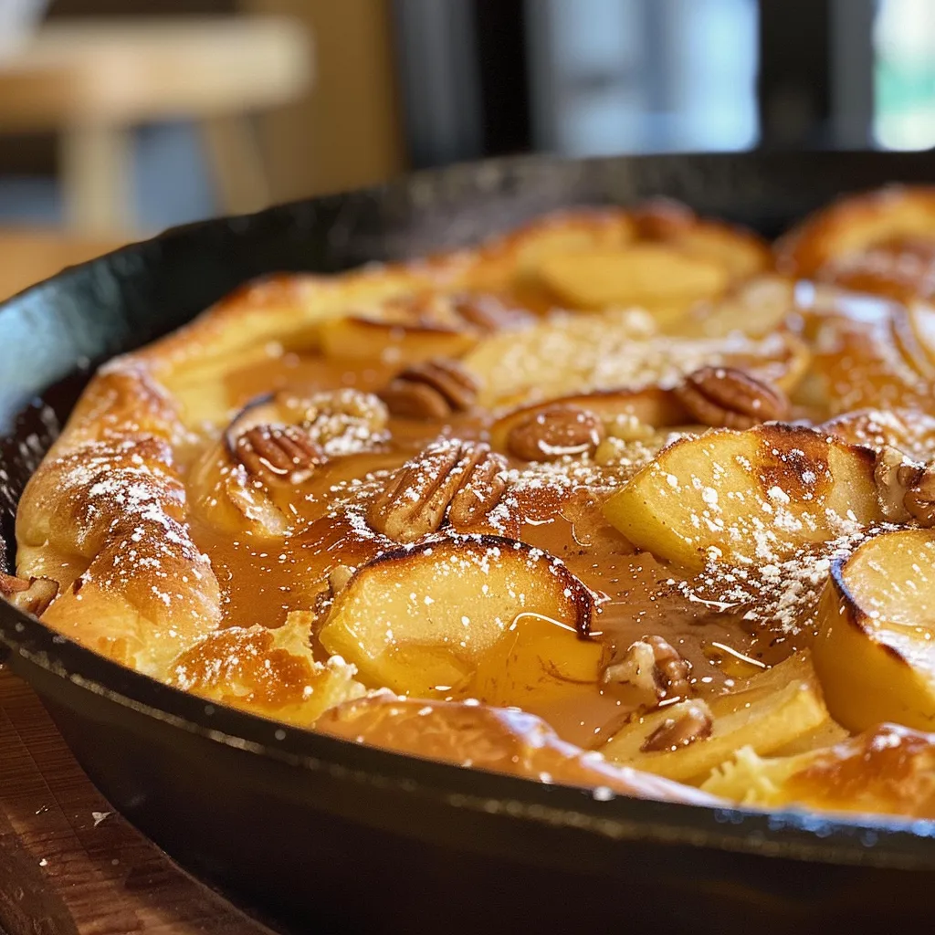 ['A close-up side view of a Salted Caramel Apple Dutch Baby with caramel drizzling on top.', 'A delicious Salted Caramel Apple Dutch Baby garnished with pecans, captured in high detail.', 'A warm, fluffy Dutch Baby filled with sliced apples and salted caramel, viewed from the side.', 'A golden-brown Dutch Baby topped with caramel and fresh apples, shown in close-up.']