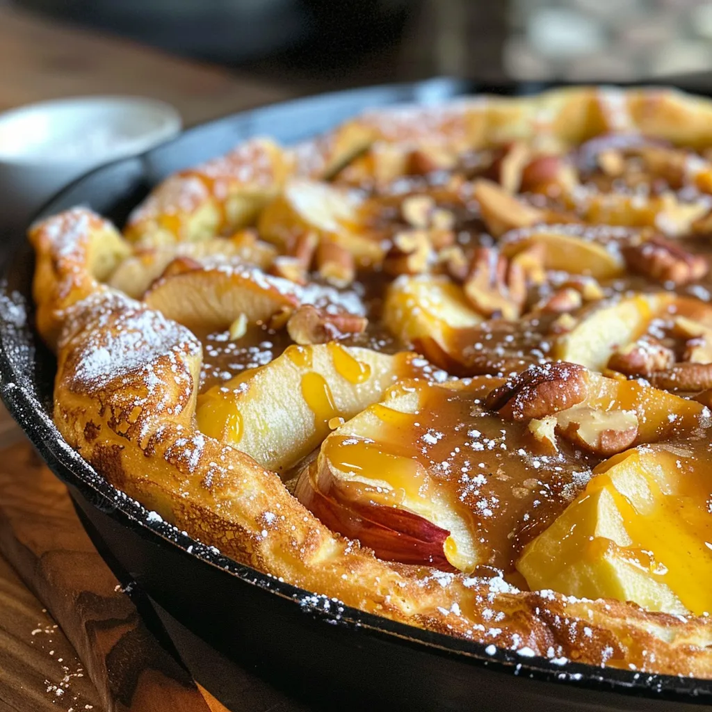 ['A close-up side view of a Salted Caramel Apple Dutch Baby with caramel drizzling on top.', 'A delicious Salted Caramel Apple Dutch Baby garnished with pecans, captured in high detail.', 'A warm, fluffy Dutch Baby filled with sliced apples and salted caramel, viewed from the side.', 'A golden-brown Dutch Baby topped with caramel and fresh apples, shown in close-up.']