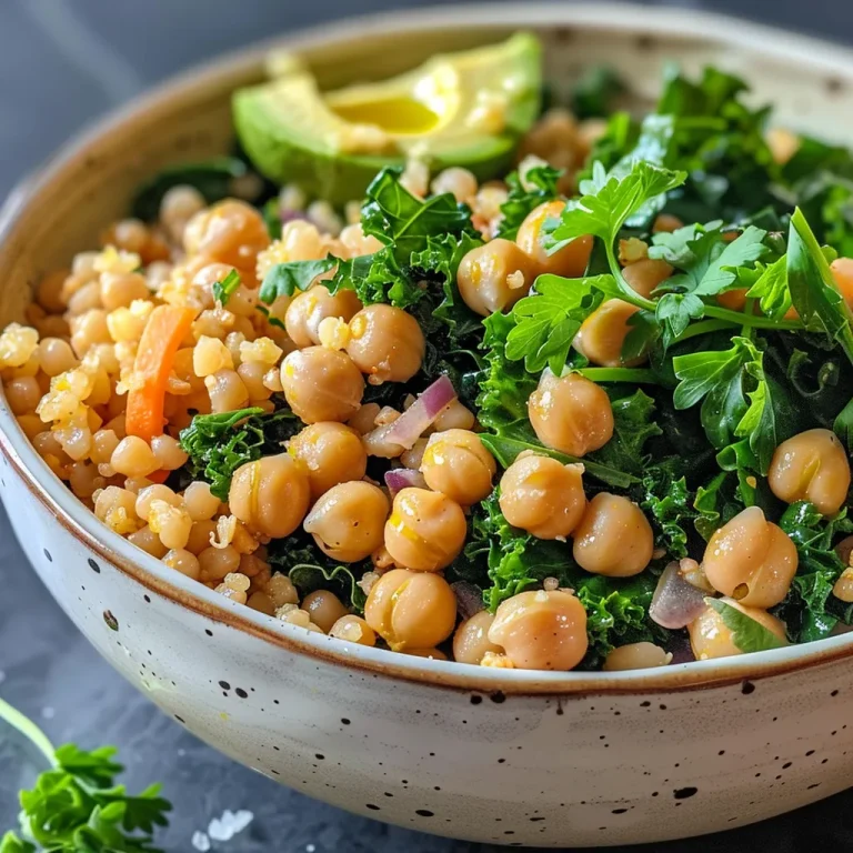 ['Close-up side view of a vibrant Kale and Chickpea grain bowl with colorful vegetables.', 'Delicious grain bowl featuring kale, chickpeas, and fresh vegetables, captured in detail.', 'A filling bowl of kale, chickpeas, and grains, showcasing its fresh ingredients.', 'Colorful Kale and Chickpea bowl filled with rich textures and fresh greens from a side angle.']