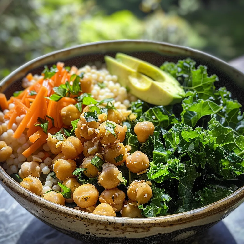 ['Close-up side view of a vibrant Kale and Chickpea grain bowl with colorful vegetables.', 'Delicious grain bowl featuring kale, chickpeas, and fresh vegetables, captured in detail.', 'A filling bowl of kale, chickpeas, and grains, showcasing its fresh ingredients.', 'Colorful Kale and Chickpea bowl filled with rich textures and fresh greens from a side angle.']