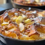 ['Close-up of a golden Maple Apple Dutch Baby with sliced apples on top.', 'Side view of a fluffy Dutch Baby pancake drizzled with maple syrup and topped with walnuts.', 'Deliciously baked Maple Apple Dutch Baby garnished with powdered sugar and cinnamon.', 'Freshly cooked Maple Apple Dutch Baby featuring caramelized apple slices and a warm hue.']