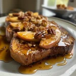['Close-up view of a slice of Baked Apple Cider French Toast topped with sliced apples and drizzled with syrup.', 'Side view of decadent Baked Apple Cider French Toast with golden crust, served with caramel sauce, apples, and pecans.', 'A slice of warm Baked Apple Cider French Toast with a sprinkle of powdered sugar and fresh apple slices on top.', 'Delicious Baked Apple Cider French Toast garnished with apples, pecans, and a dusting of confectioners’ sugar.']