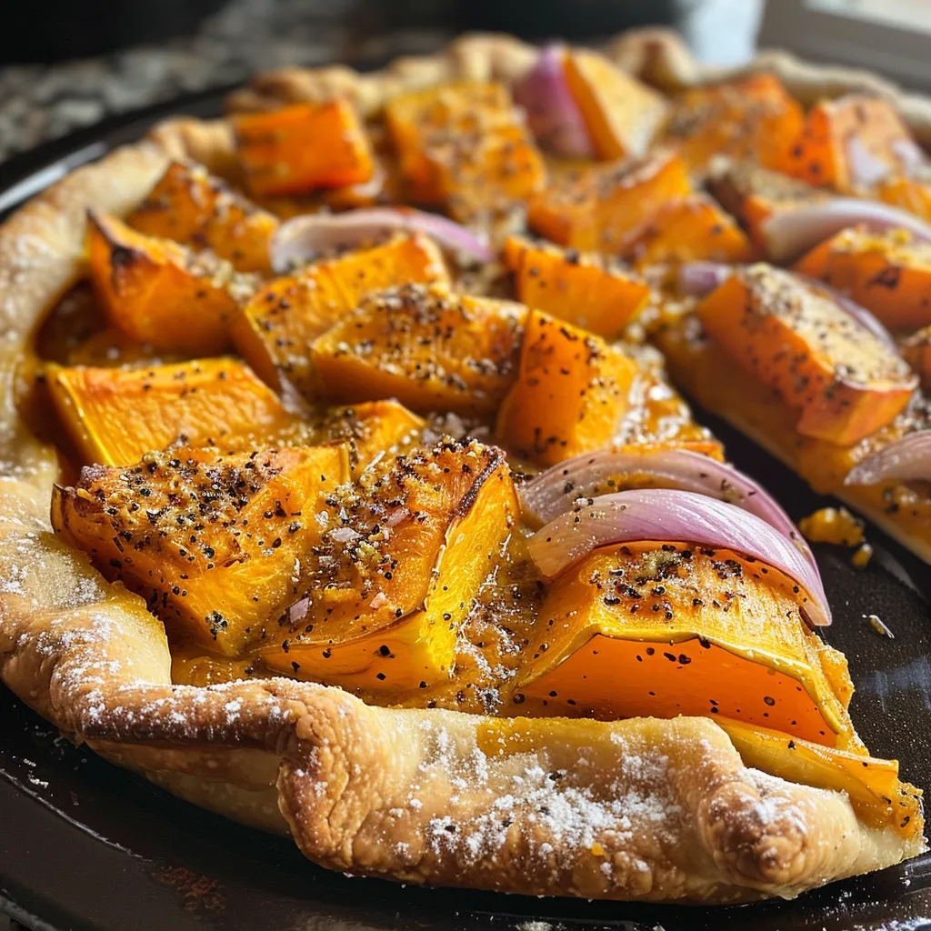 ['Close-up of a golden-brown Curried Squash Galette with visible squash slices and flaky crust.', 'Side view of a freshly baked Curried Squash Galette, showcasing its rich filling and crispy edges.', 'Juicy, colorful Curried Squash Galette with vibrant squash and onion peeking through the flaky dough.', 'Detailed look at a Curried Squash Galette, highlighting its layered squash filling and texture of the crust.']