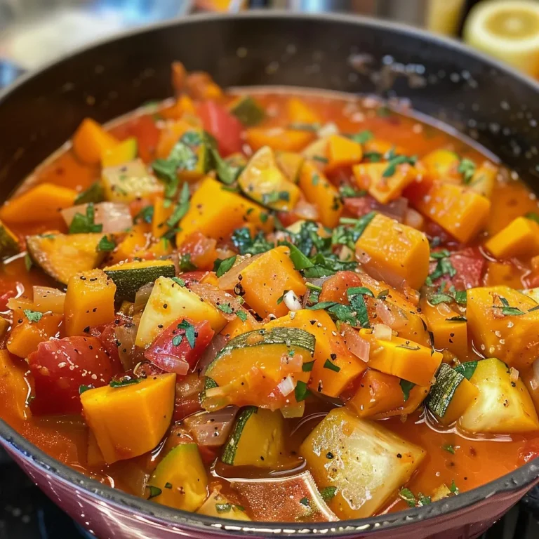 ['Close-up view of a colorful fall vegetable stew in a bowl.', 'Side view of a hearty vegetable stew featuring squash, zucchini, and tomatoes.', 'A rich vegetable stew brimming with seasonal ingredients, garnished with cilantro.', 'Vibrant fall vegetable stew with visible chunks of butternut squash and carrots.']