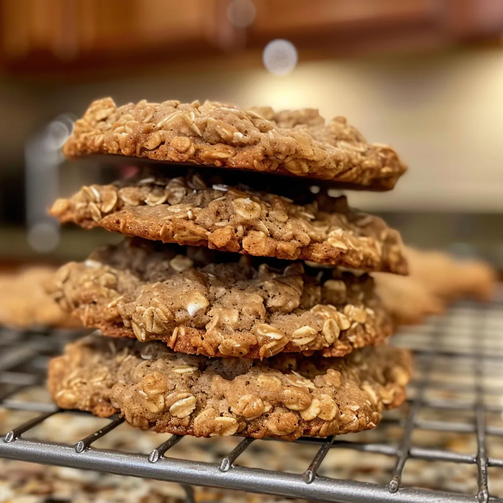 A close-up side view of thick and chewy chai oatmeal cookies topped with a maple glaze.