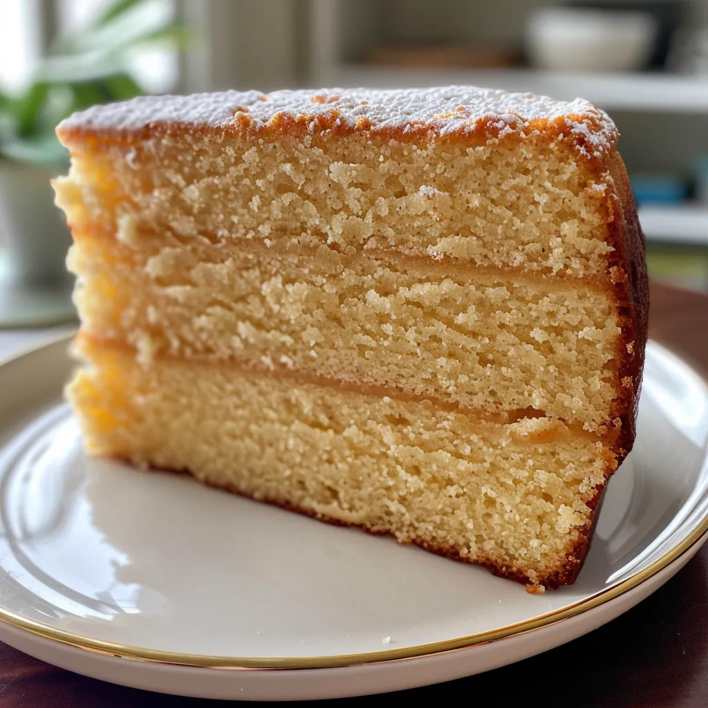 Close-up side view of a beautifully browned butter cake, showcasing the golden crust and creamy texture.