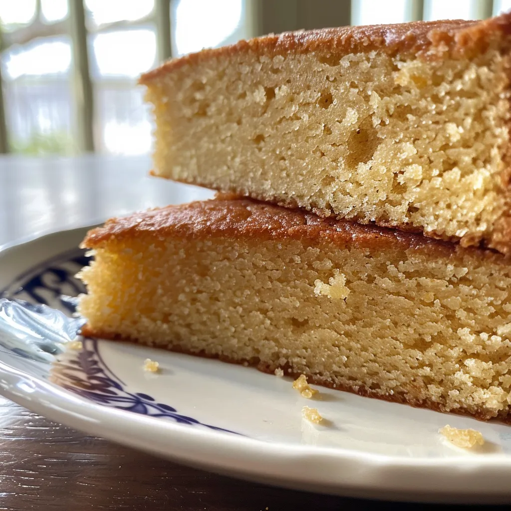 Close-up side view of a beautifully browned butter cake, showcasing the golden crust and creamy texture.
