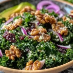 ['Close-up of a vibrant fall kale salad with colorful ingredients.', 'Side view of a fresh salad featuring kale, walnuts, and cranberries.', 'Detailed photo of a fall kale salad topped with Parmesan and avocado.', 'Juicy autumn kale salad with shiny candied walnuts and red onions.']