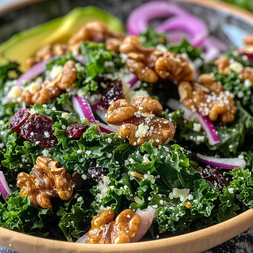 ['Close-up of a vibrant fall kale salad with colorful ingredients.', 'Side view of a fresh salad featuring kale, walnuts, and cranberries.', 'Detailed photo of a fall kale salad topped with Parmesan and avocado.', 'Juicy autumn kale salad with shiny candied walnuts and red onions.']