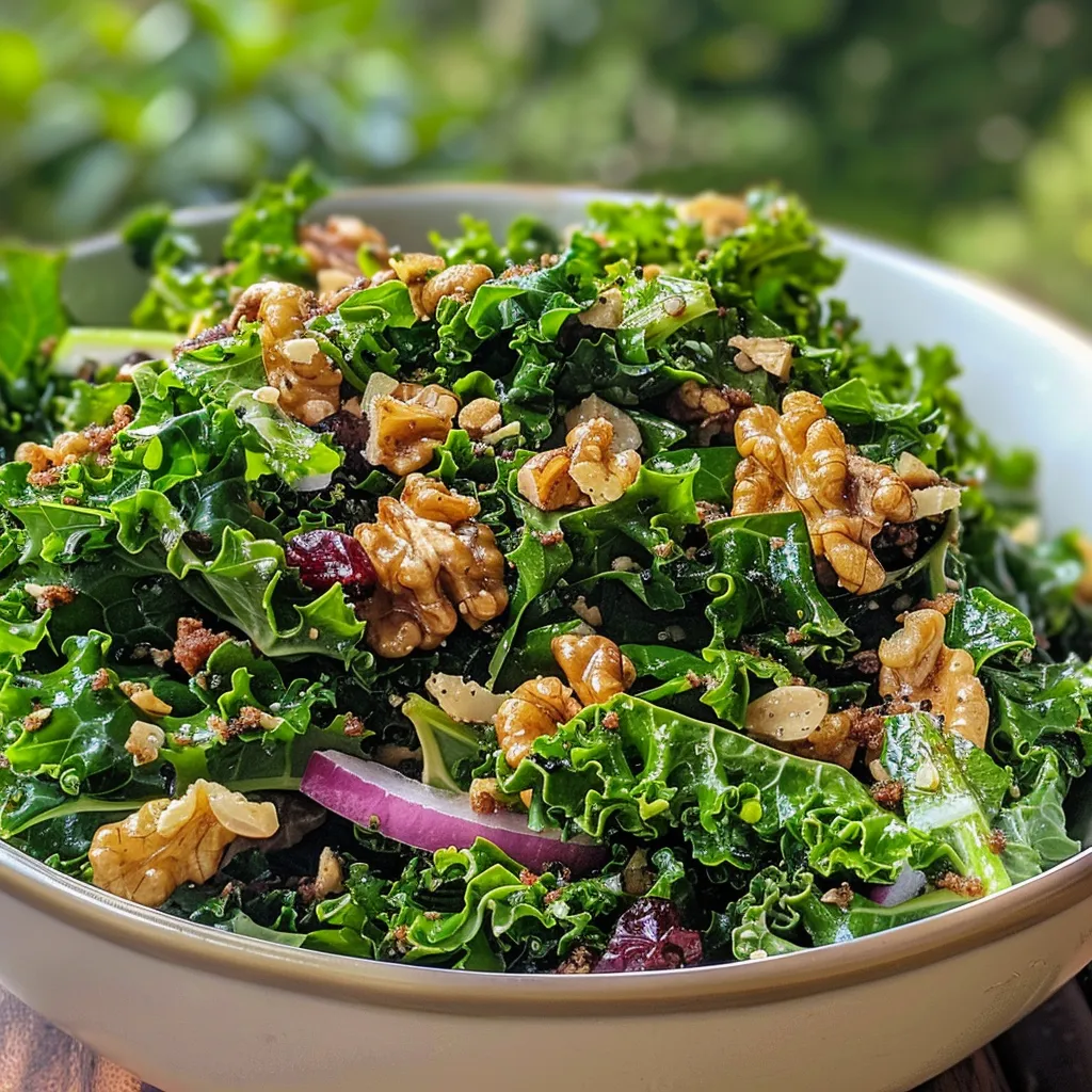 Close-up of a vibrant fall kale salad with colorful ingredients.