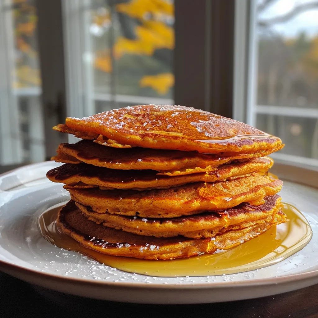 Close-up view of golden cinnamon pumpkin pancakes stacked on a plate, drizzled with maple syrup.