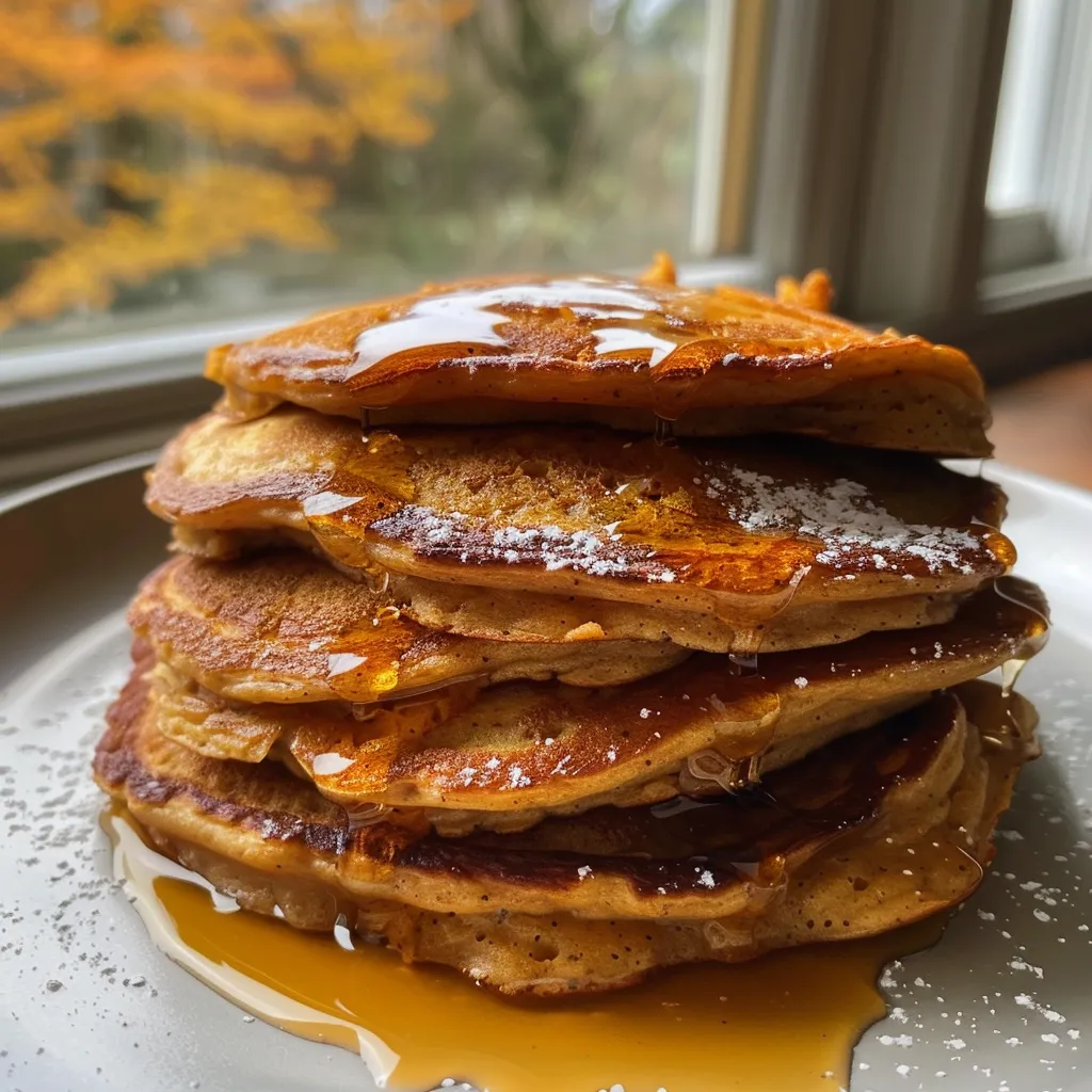 Close-up view of golden cinnamon pumpkin pancakes stacked on a plate, drizzled with maple syrup.
