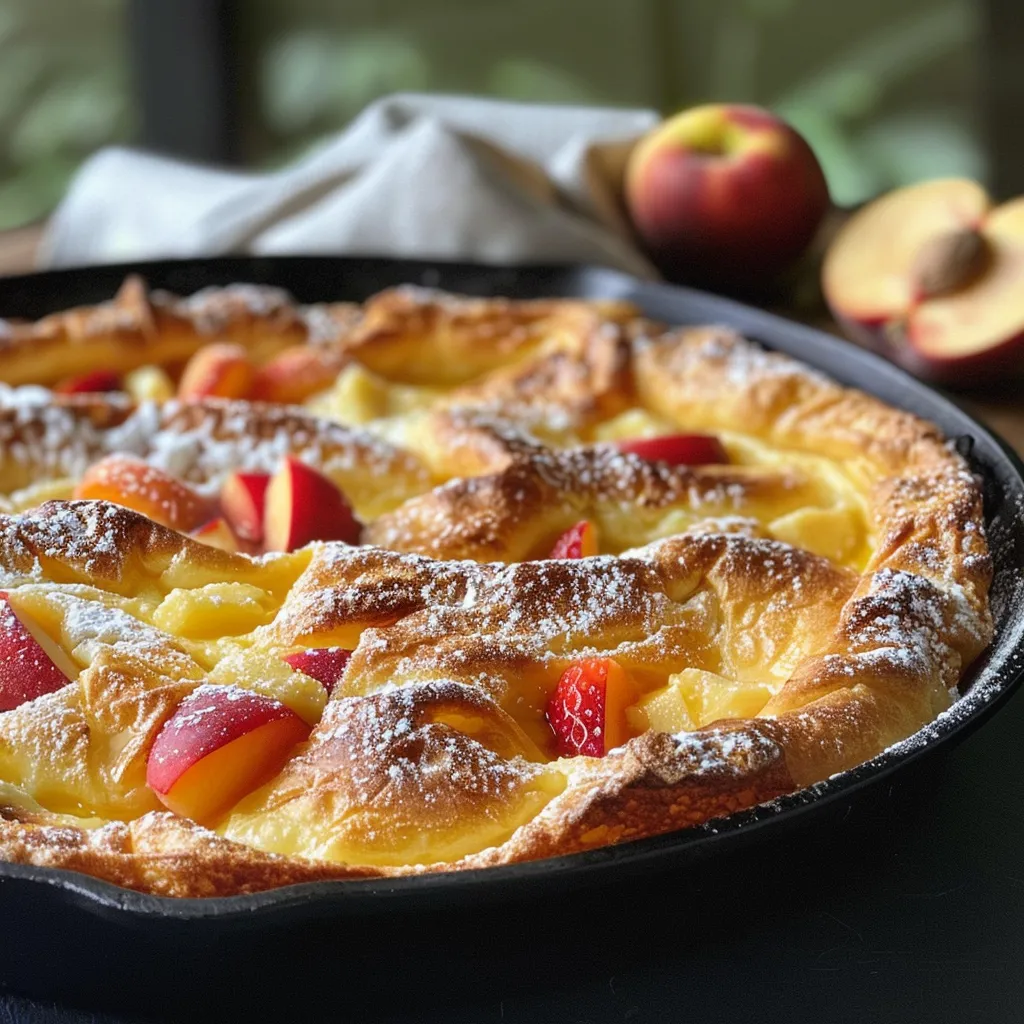 ['Close-up view of a golden-brown Cinnamon Sugar Dutch Baby with cinnamon dusting.', 'Side perspective of a fluffy Dutch Baby pancake topped with cinnamon sugar.', 'Juicy Cinnamon Sugar Dutch Baby served in a skillet, showcasing its airy texture.', "Deliciously baked Cinnamon Sugar Dutch Baby, lightly dusted with confectioners' sugar."]