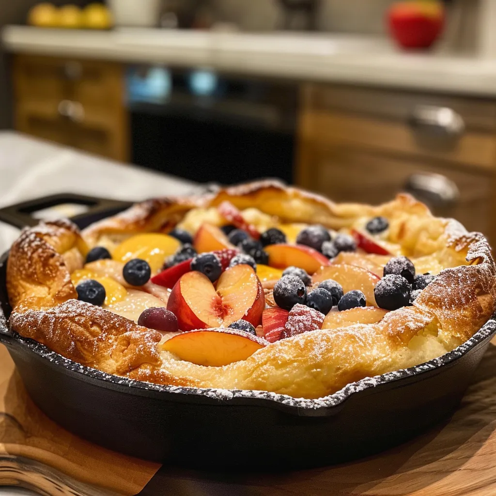 ['Close-up view of a golden-brown Cinnamon Sugar Dutch Baby with cinnamon dusting.', 'Side perspective of a fluffy Dutch Baby pancake topped with cinnamon sugar.', 'Juicy Cinnamon Sugar Dutch Baby served in a skillet, showcasing its airy texture.',