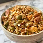 ['Close-up view of crunchy pumpkin spice granola with visible oats and nuts.', 'Side view photo showcasing golden-brown granola mixed with pumpkin seeds and walnuts.', 'Juicy high-protein granola featuring pumpkin purée and spices in a vibrant blend.', 'Textured granola clumps highlighting the fall flavors of pumpkin spice and oats.']