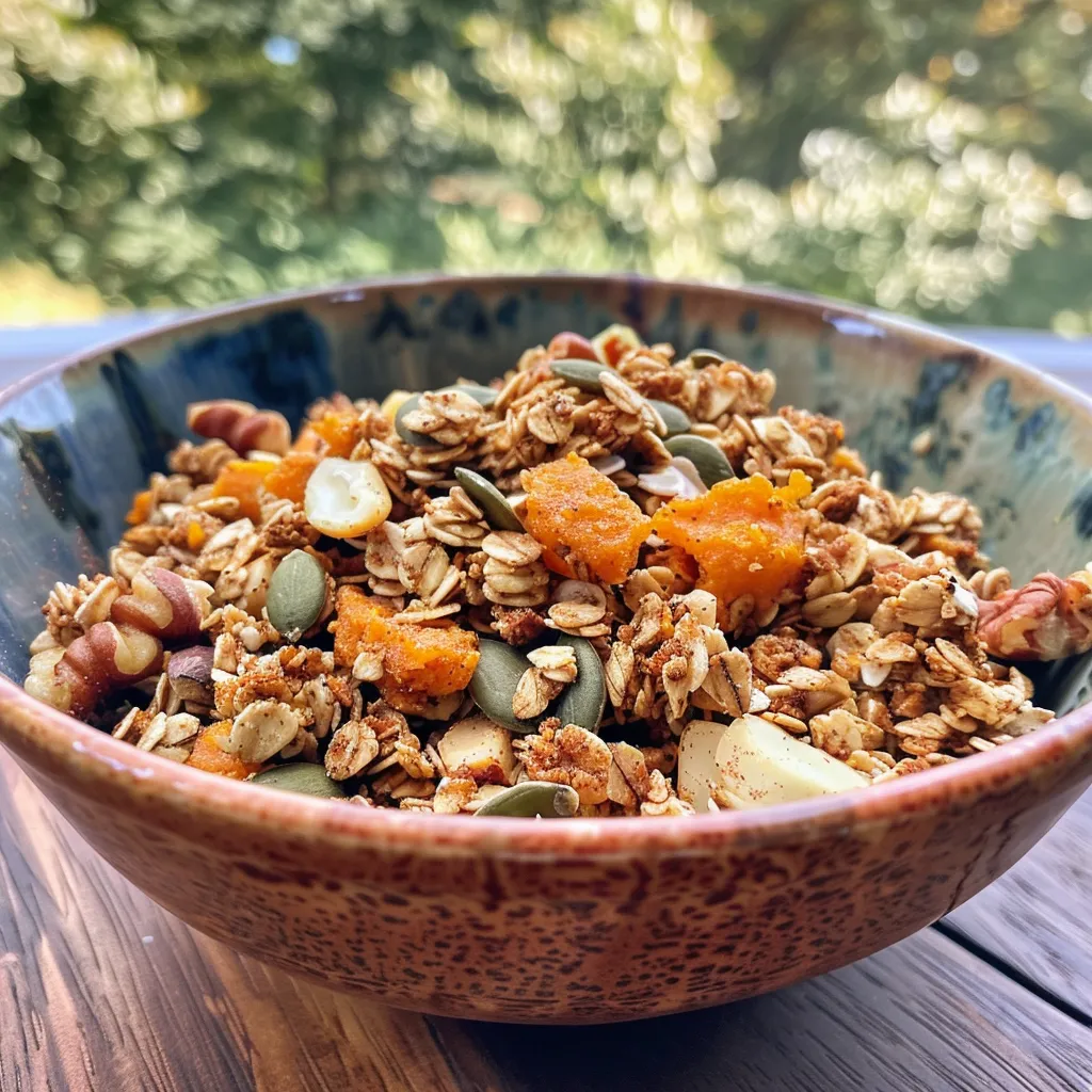 Close-up view of crunchy pumpkin spice granola with visible oats and nuts.