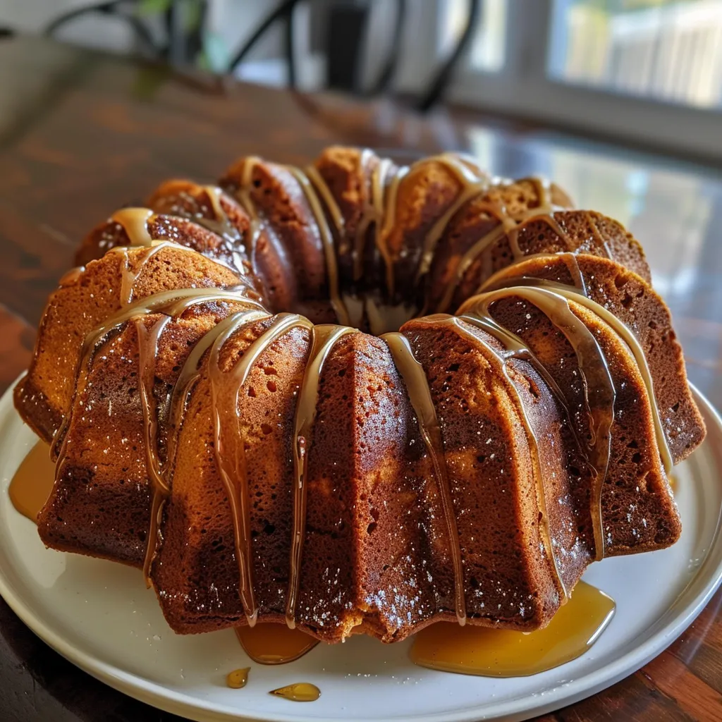 ['Close-up side view of a Honey Pumpkin Bundt Cake with a glossy glaze.', 'A delicious Honey Pumpkin Bundt Cake displayed on a cake stand, showing its moist texture.', 'A slice of Honey Pumpkin Bundt Cake, highlighting its rich pumpkin color and drizzle of honey.', 'A warm Honey Pumpkin Bundt Cake with a dusting of powdered sugar and honey glaze, on a wooden table.']