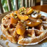 ['Close-up of golden waffles topped with peach sauce and chopped pistachios.', 'Side view of waffles drizzled with cinnamon maple peach sauce and garnished with coconut.', 'Juicy peaches and a syrupy glaze over fluffy waffles with yogurt on the side.', 'Delicious stacked waffles adorned with fresh peach slices and a sprinkle of cinnamon.']
