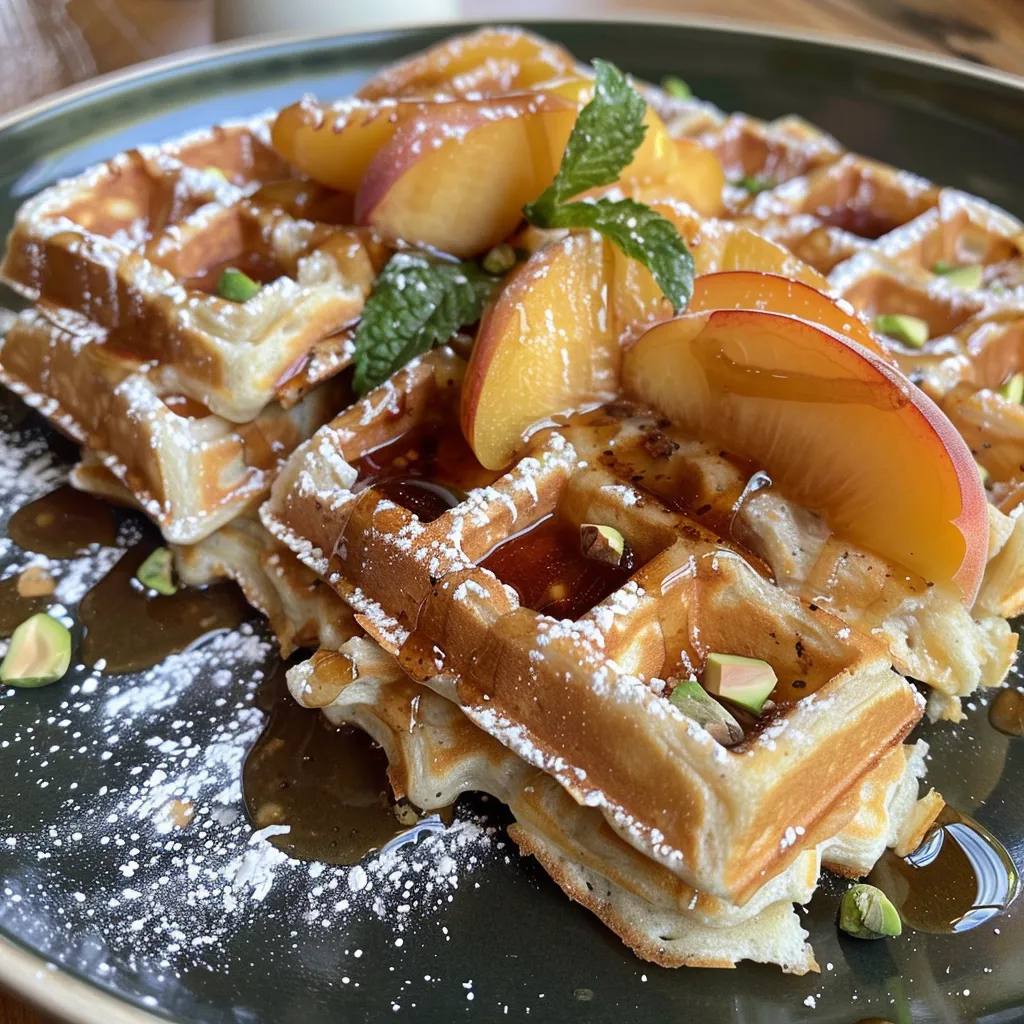 ['Close-up of golden waffles topped with peach sauce and chopped pistachios.', 'Side view of waffles drizzled with cinnamon maple peach sauce and garnished with coconut.', 'Juicy peaches and a syrupy glaze over fluffy waffles with yogurt on the side.', 'Delicious stacked waffles adorned with fresh peach slices and a sprinkle of cinnamon.']