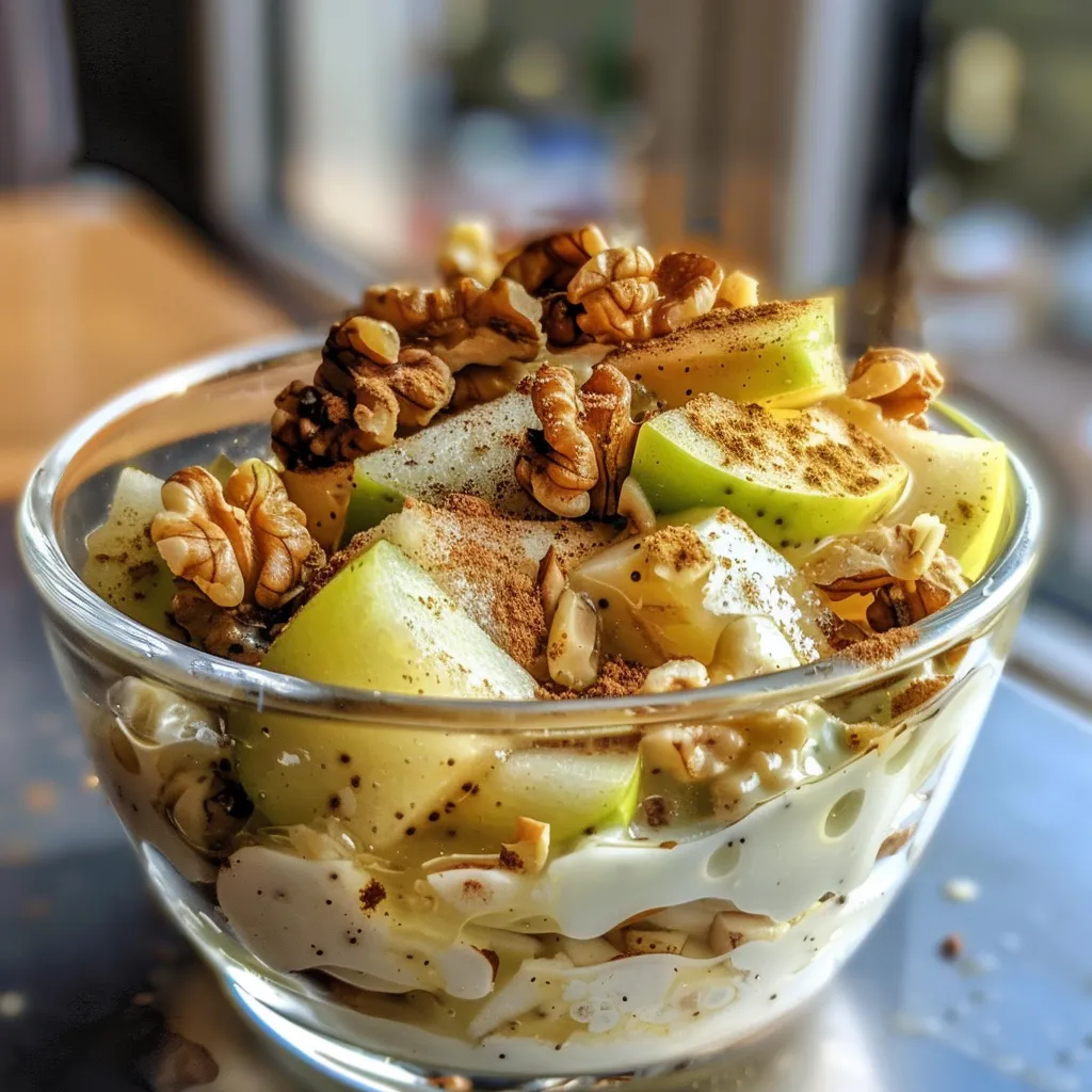 A close-up side view of a Greek yogurt parfait layered with chopped pears and walnuts.