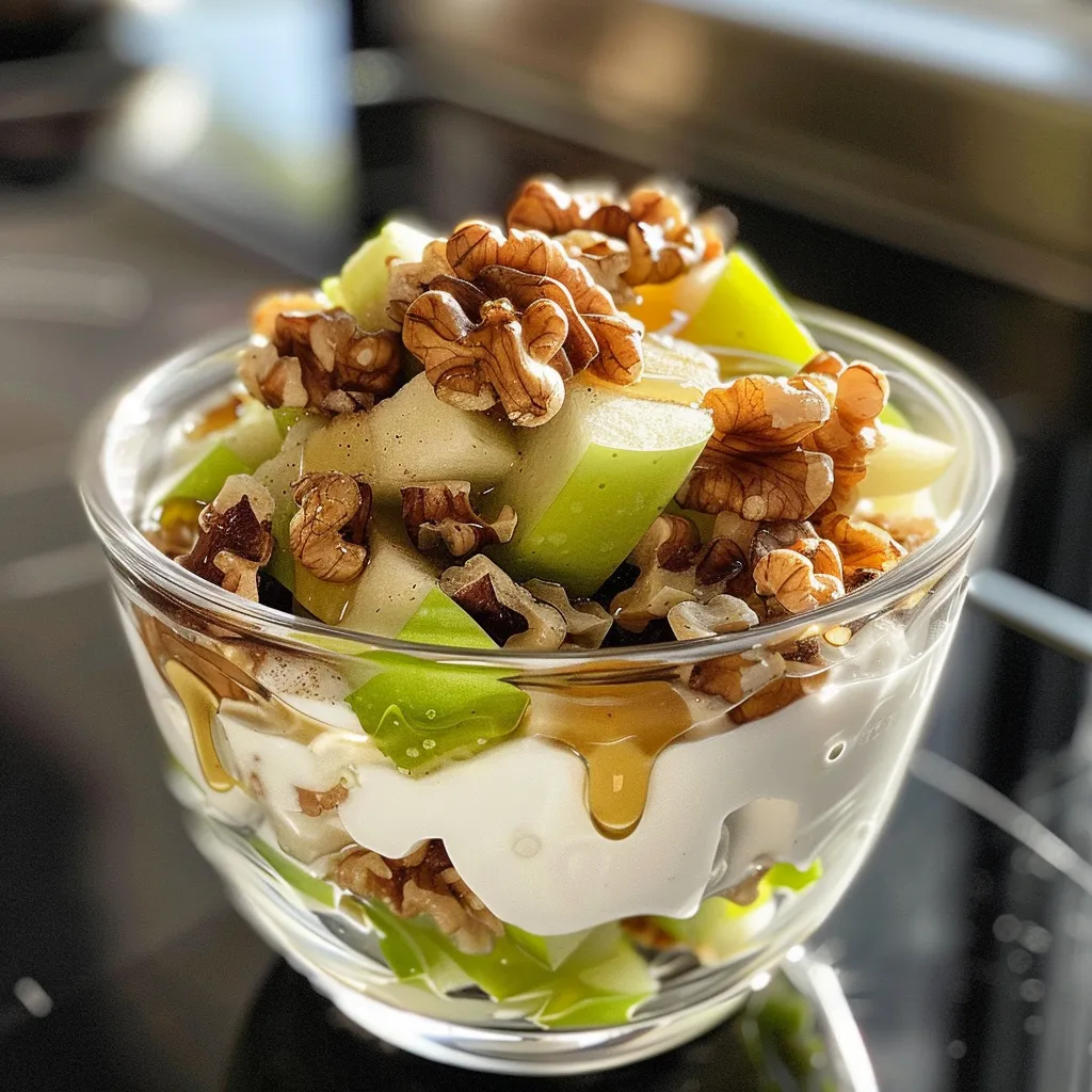 A close-up side view of a Greek yogurt parfait layered with chopped pears and walnuts.