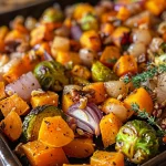 ['Close-up view of roasted vegetables including butternut squash, brussels sprouts, and carrots, garnished with herbs.', 'Side view photo of a colorful mix of roasted autumn vegetables on a plate, showcasing their caramelized texture.', 'A vibrant assortment of roasted butternut squash, brussels sprouts, and carrots, with garlic and herbs in a rustic setting.', 'Detailed image of juicy, roasted vegetables with a focus on bright colors and textures, ready to serve.']
