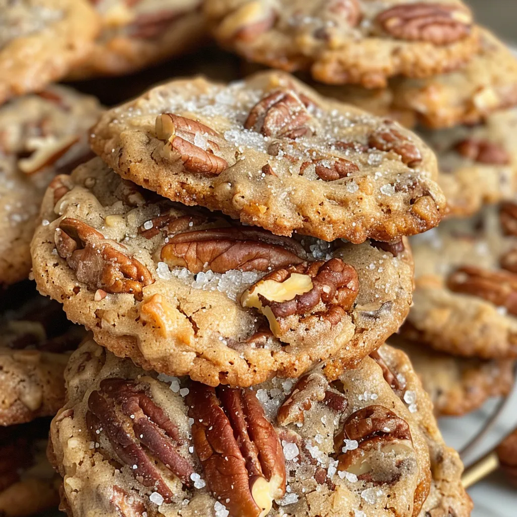 ['Close-up view of butter pecan cake cookies with chopped pecans and toffee bits.', 'Side view of golden brown butter pecan cookies featuring chocolate toffee pieces.', 'Juicy butter pecan cake cookies stacked, showcasing their texture and ingredients.', 'Delicious butter pecan cookies with visible pecans and a shiny surface of powdered sugar.']