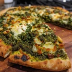 ['Close-up side view of a delicious Kale Pesto Pizza topped with melted cheese and fresh greens.', 'A vibrant Kale Pesto Pizza featuring a golden crust and colorful toppings, captured from the side.', 'Juicy Kale Pesto Pizza with a crispy edge and rich green pesto, showcasing melted mozzarella.', 'Side angle view of a Kale Pesto Pizza highlighting its fresh kale toppings and gooey cheese.']