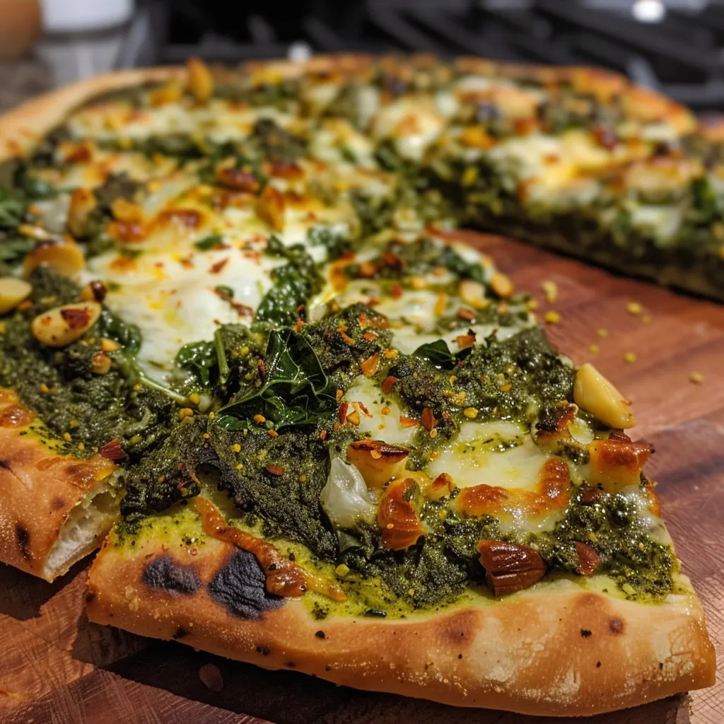 Close-up side view of a delicious Kale Pesto Pizza topped with melted cheese and fresh greens.