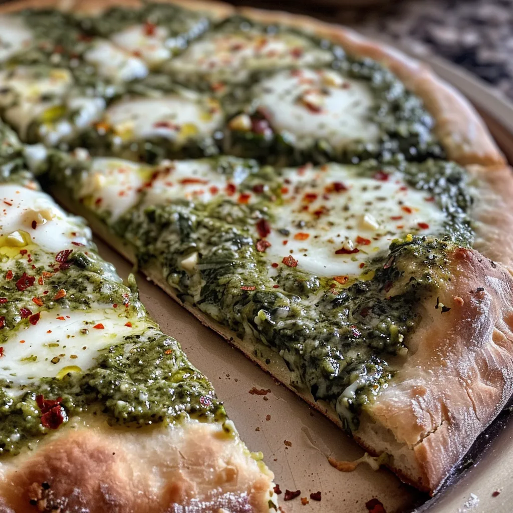 Close-up side view of a delicious Kale Pesto Pizza topped with melted cheese and fresh greens.