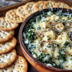 ['Close-up view of a creamy, cheesy garlic and kale dip in a small bowl, with kale crackers displayed nearby.', 'Side view of a warm, melted cheese dip with kale and garlic, served with a handful of seed crackers.', 'Creamy garlic kale dip in a bowl, garnished with fresh ingredients, with crackers surrounding it.', 'Cheesy dip featuring kale and garlic, showing a rich, bubbly texture, served on a rustic wooden table.']