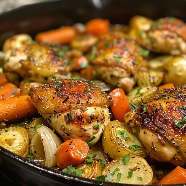 ['Close-up view of a juicy One-Pot Chicken Skillet with colorful vegetables.', 'Side view of a delicious chicken skillet featuring cooked chicken and mixed vegetables.', 'A vibrant One-Pot Chicken Skillet with pieces of chicken and seasonal veggies.', 'Succulent chicken breasts in a skillet with sautéed onions and mixed vegetables.']