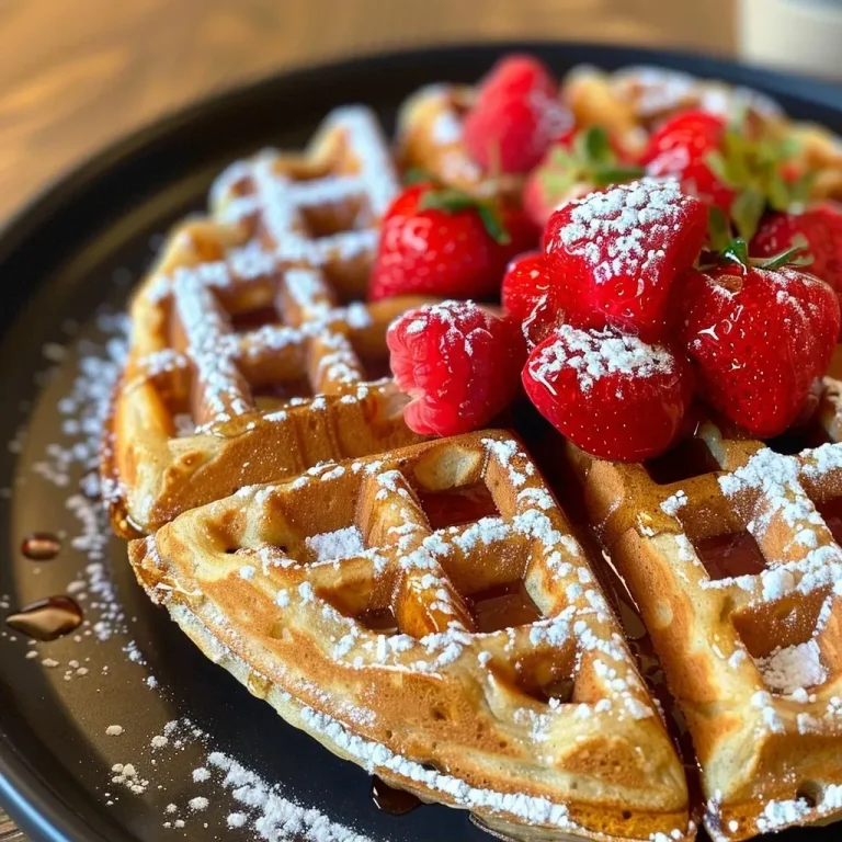 ['Close-up of golden-brown vegan and gluten-free waffles with syrup drizzle.', 'Side view of stacked vegan waffles topped with fresh fruit and maple syrup.', 'Juicy vegan waffles on a plate, showcasing their fluffy texture and rich color.', 'Delicious gluten-free waffles with a crispy exterior, accompanied by almond butter.']