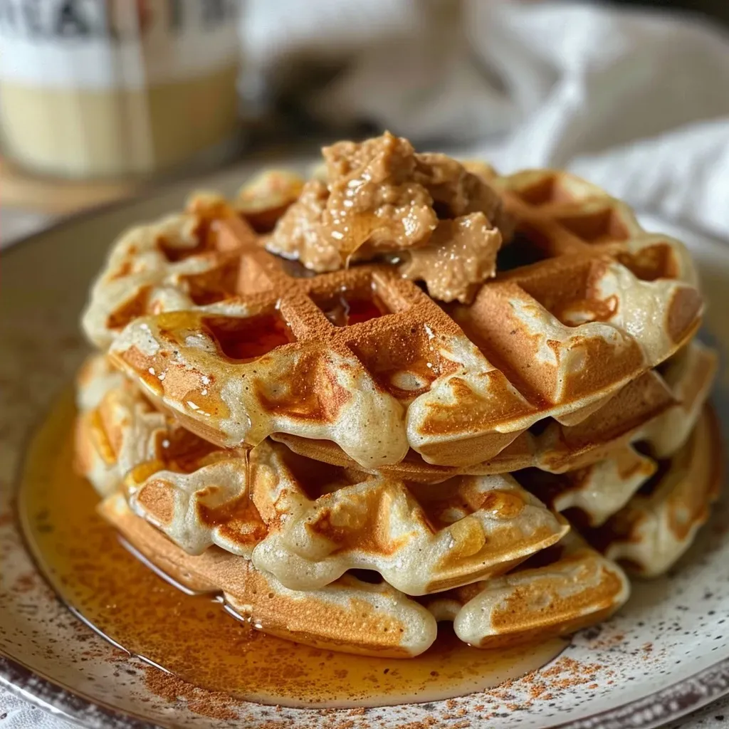 Close-up of golden-brown vegan and gluten-free waffles with syrup drizzle.