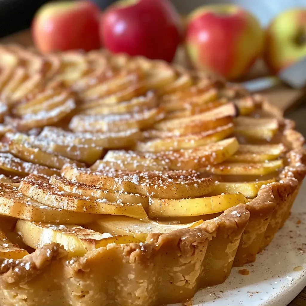 ['Close-up view of a vegan apple tart with a flaky crust and apple slices.', 'Side view of a baked vegan apple tart topped with a sprinkle of cinnamon.', 'Delicious vegan apple tart, showcasing golden-brown baked apples and crust.', 'Detailed image of a vegan apple tart with a glossy apricot jam glaze.']