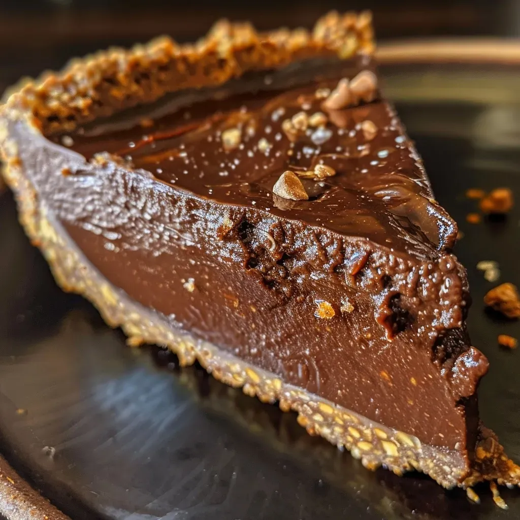 A close-up side view of a Vegan Chai Chocolate Tart with a shiny ganache topping.