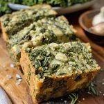 ['Close-up of a freshly baked loaf of Vegan Garlic Herb Kale Bread, highlighting its crusty exterior and leafy bits of kale.', 'A side view of Vegan Garlic Herb Kale Bread showcasing its golden crust and vibrant green kale pieces peeking through.', 'Detailed view of Vegan Garlic Herb Kale Bread, emphasizing the texture of the crust and herbs mixed within.', 'Close-up image of a slice of Vegan Garlic Herb Kale Bread, with garlic cloves and herbs visible in the dough.']
