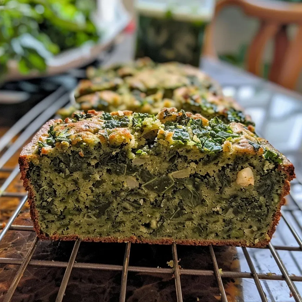 Close-up of a freshly baked loaf of Vegan Garlic Herb Kale Bread, highlighting its crusty exterior and leafy bits of kale.