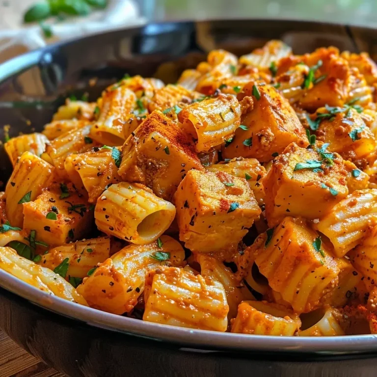 ['Close-up view of vegan high protein sweet potato harissa pasta with vibrant colors and fresh herbs.', 'Side view of a bowl filled with creamy sweet potato harissa pasta topped with basil and a sprinkle of spices.', 'Delicious vegan dish showcasing sweet potato harissa pasta, garnished with parsley and garlic.', 'Juicy sweet potato pasta dish with a rich red harissa sauce and fresh herbs on a wooden table.']