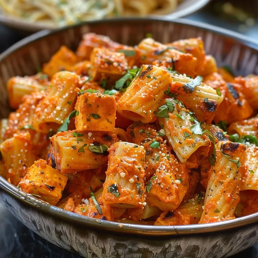 ['Close-up view of vegan high protein sweet potato harissa pasta with vibrant colors and fresh herbs.', 'Side view of a bowl filled with creamy sweet potato harissa pasta topped with basil and a sprinkle of spices.', 'Delicious vegan dish showcasing sweet potato harissa pasta, garnished with parsley and garlic.', 'Juicy sweet potato pasta dish with a rich red harissa sauce and fresh herbs on a wooden table.']