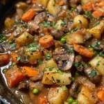 ['A close-up view of a hearty vegan mushroom stew with vibrant vegetables.', 'Side view of a bowl filled with delicious vegan mushroom stew featuring mushrooms, carrots, and peas.', 'A colorful vegan mushroom stew showcasing diced potatoes and fresh parsley as garnish.', 'An inviting bowl of vegan mushroom stew, highlighting the juicy mushrooms and bright carrots.']